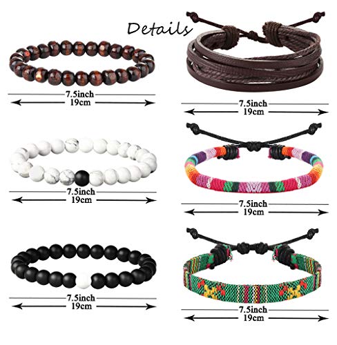 sailimue 12 Piezas Pulsera Cuero Piedra para Hombre Mujer Pulsera Trenzada Cuerda de Lino Madera Pulsera Etnica Tibetana Ajustable