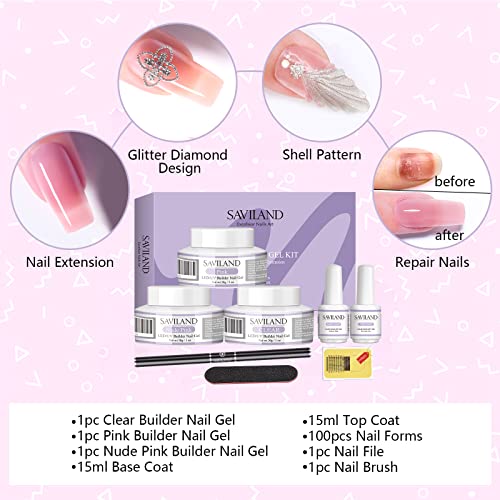 Saviland Builder Nail Gels Kit de uñas - 3PCS * 30g Clear Nude Pink Hard Gel para uñas Set de gel de extensión con 15ml Base Top Coat, 100pcs Formas de uñas y cepillo de uñas