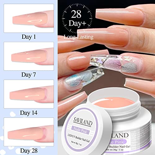 Saviland Builder Nail Gels Kit de uñas - 3PCS * 30g Clear Nude Pink Hard Gel para uñas Set de gel de extensión con 15ml Base Top Coat, 100pcs Formas de uñas y cepillo de uñas