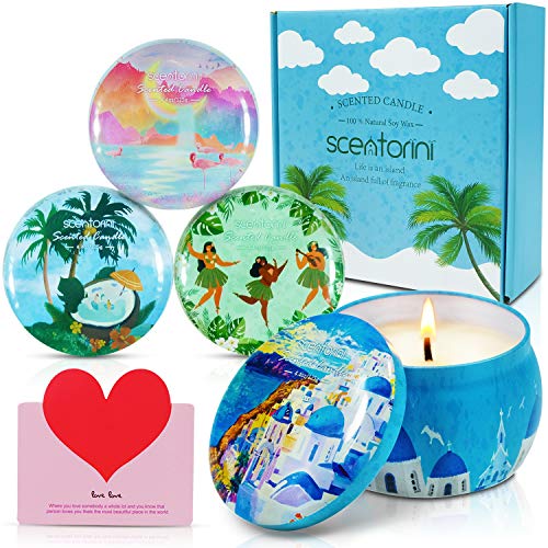 SCENTORINI Set de Regalo de Velas Perfumadas, Velas de Aromaterapia de Cera de Soja Natural en Lata 4 x 70g, Island Vacation Series - Aroma a Brisa Marina, Mojito, Lima, Luna