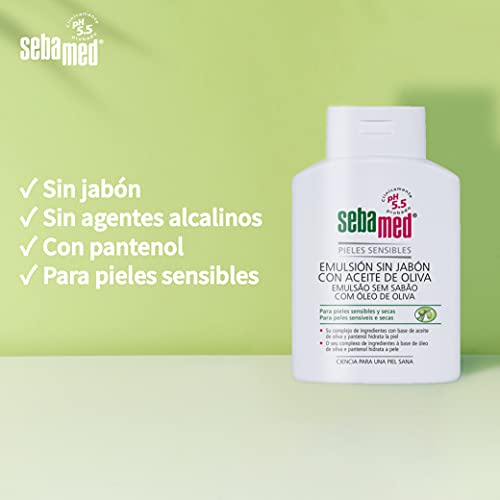 SEBAMED Emulsión sin jabón con aceite de oliva, óptima para piel seca, formulada a pH 5.5 con aceite de oliva que refuerza y protege la función de barrera natural del manto ácido de la piel, 200 ml