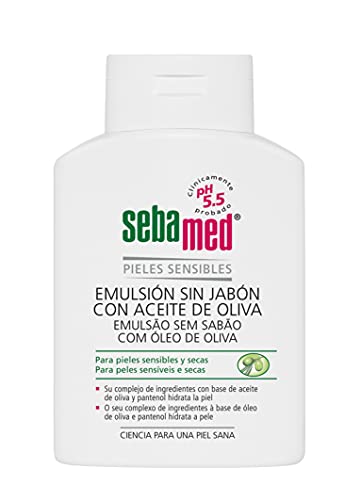 SEBAMED Emulsión sin jabón con aceite de oliva, óptima para piel seca, formulada a pH 5.5 con aceite de oliva que refuerza y protege la función de barrera natural del manto ácido de la piel, 200 ml