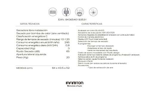 SECADORA INFINITON SD-3M EVACUACION (3KG, Display, Sensores LED, Control Electronico, Funcion anti-arrugas)