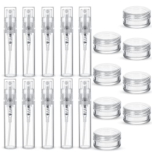 Set de 18 Botellas de Plástico Maquillaje 10 Botellas Spray Perfume de 3 ml 8 Contenedores de Muestra Transparentes de 5 ml Mini Botella Atomizadora Vacía Frasco Cosmético Portátil con Tapa