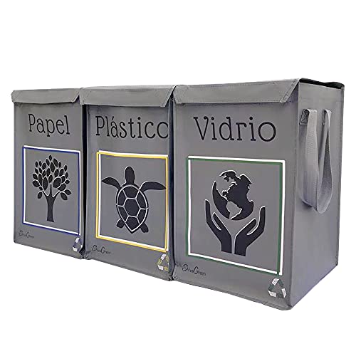 Shiva Green Bolsas Basura Reciclaje, Cubos De Basura De Reciclaje Set de 3 Vidrio Plástico y Papel