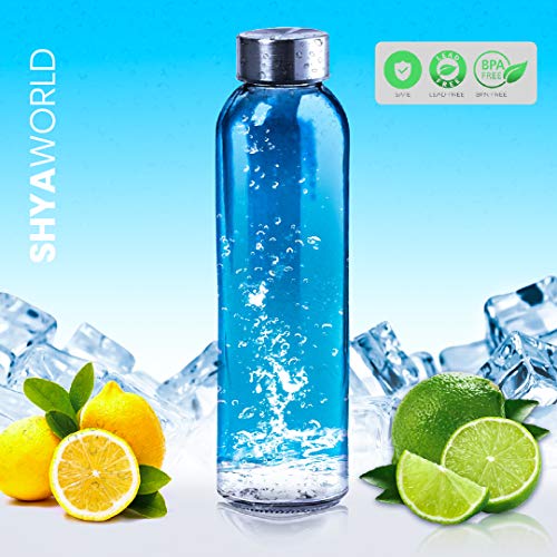 ShyaWorld Botella De Cristal para Agua Cuerpo de Acabado Transparente Tapón a Rosca en Acero Inoxidable. Cajas Individuales por Botella. (Azul, 500ml (1PCS))