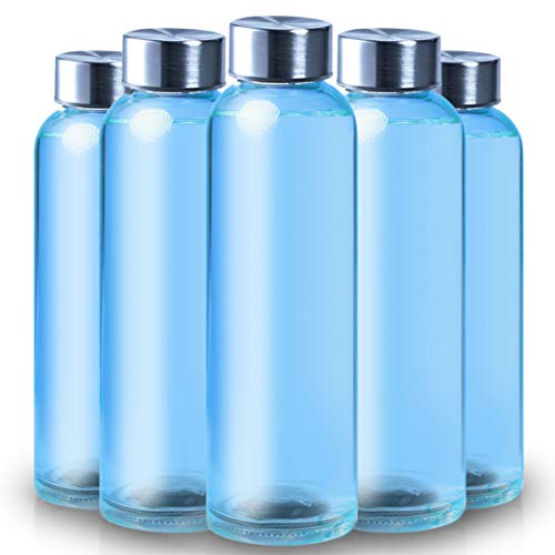 ShyaWorld Botella De Cristal para Agua Cuerpo de Acabado Transparente Tapón a Rosca en Acero Inoxidable. Cajas Individuales por Botella. (Azul, 500ml (1PCS))