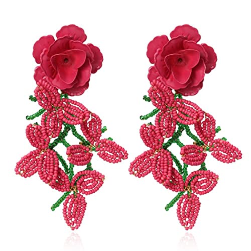 Sichuan roja Flor cuelga Perla Perla Pendientes Hechos a Mano Tejido Tassel declaración Femenino Fiesta joyería para Mujeres niña Damas Lindo Rojo Flor aretes para Mujer niña Flor cuelga Gargle