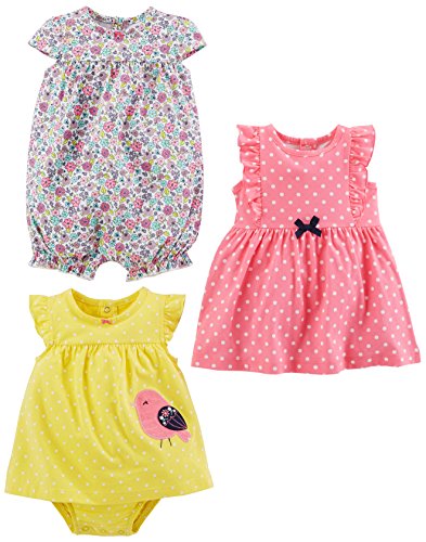 Simple Joys by Carter's Baby Girls paquete de 3 pelele, traje de sol y vestido ,Pink Dot/Floral/Yellow Bird ,0-3 Months