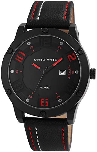 Spirit of Marine - Reloj de pulsera para hombre (analógico, fecha, metal y piel sintética, mecanismo de cuarzo)