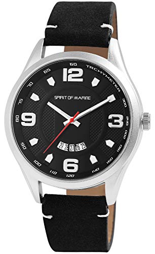 Spirit of Marine - Reloj de pulsera para hombre (analógico, fecha, metal y piel sintética, mecanismo de cuarzo)