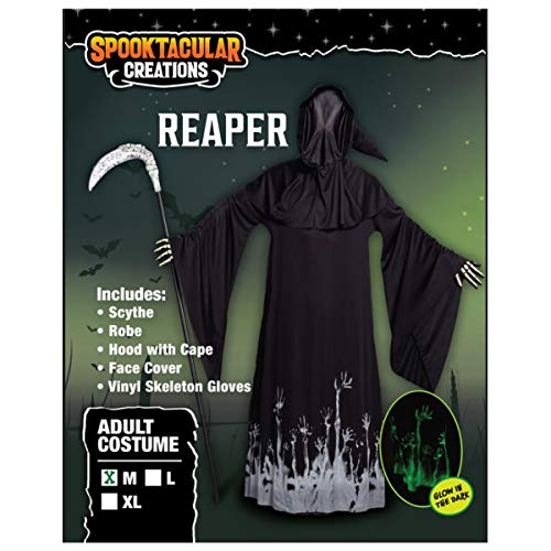 Spooktacular Creations Grim Reaper Scary Skeleton Disfraces de Halloween con patrón de brillo para hombres (Medium ( 8- 10 yrs))