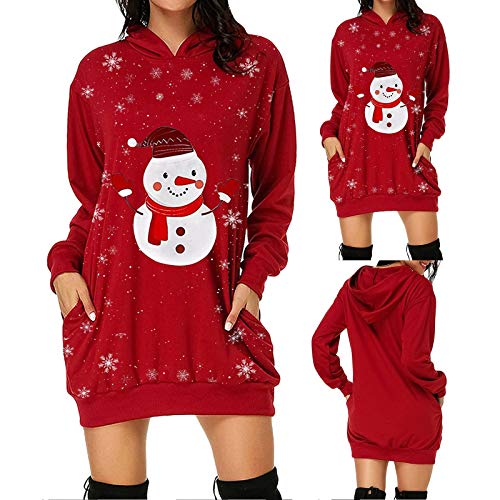 Sudadera Vestido Navidad Manga Larga - Sudaderas Mujer con Capucha Sudadera Roja Mujer Invierno Vestido Casual Pullover Tops Sudadera Deportiva Suelto Hoodie Largo Vestido Deportiva con Bolsillos