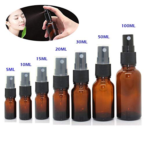 Suneste 5 botellas de 5 ml de spray de vidrio ámbar con pulverizador negro de niebla fina vacía para aceites esenciales, aromaterapia, perfumes, fragancia, líquido químico, Plastic Sprayer, 10 ml