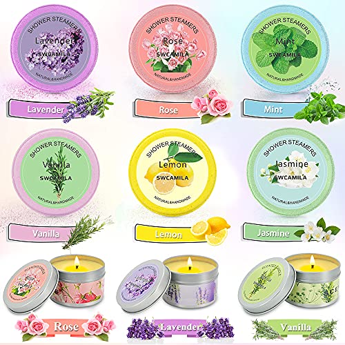 SWCAMILA Set de Regalo de Bombas de Ducha con Velas Perfumadas para Mujeres, 6 Bombas de Baño, 3 Velas Aromaterapia, Juego de Spa en Casa para Navidad, Cumpleaños, Día de San Valentín, Día de la Madre