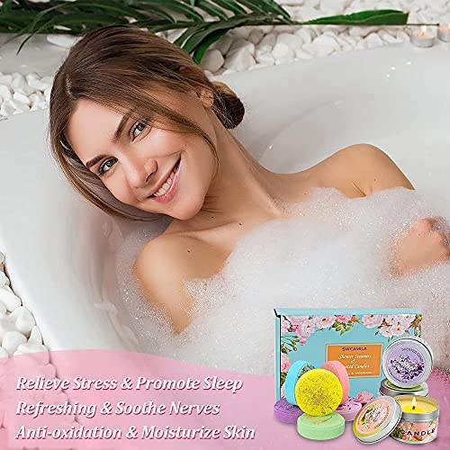 SWCAMILA Set de Regalo de Bombas de Ducha con Velas Perfumadas para Mujeres, 6 Bombas de Baño, 3 Velas Aromaterapia, Juego de Spa en Casa para Navidad, Cumpleaños, Día de San Valentín, Día de la Madre