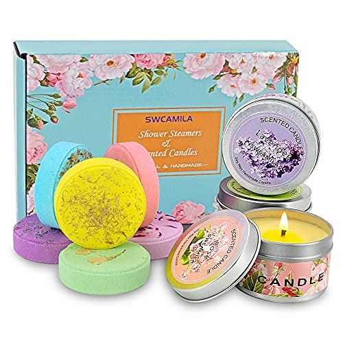 SWCAMILA Set de Regalo de Bombas de Ducha con Velas Perfumadas para Mujeres, 6 Bombas de Baño, 3 Velas Aromaterapia, Juego de Spa en Casa para Navidad, Cumpleaños, Día de San Valentín, Día de la Madre