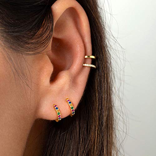 SWEET Pendientes de aro de plata de ley 925 para mujeres niñas - Pendientes pequeños y pequeños de aro huggie pequeños 3 tamaños (04.Oro-Multicolor)