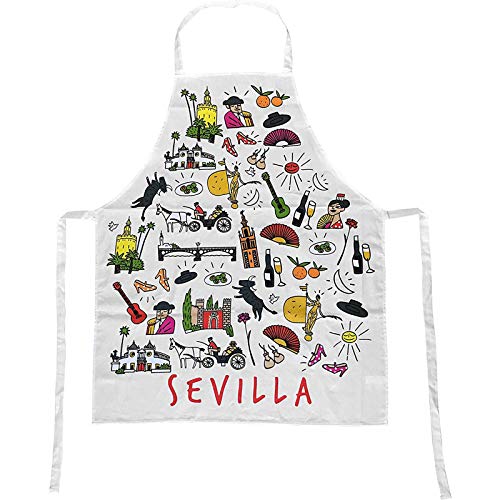 TBOC Delantal de Cocina [Blanco] - 100% Algodón Souvenir con Motivos Típicos de Sevilla Andalucía España con Flamenca Torero Abanico Giralda Unisex para Hombres Mujeres