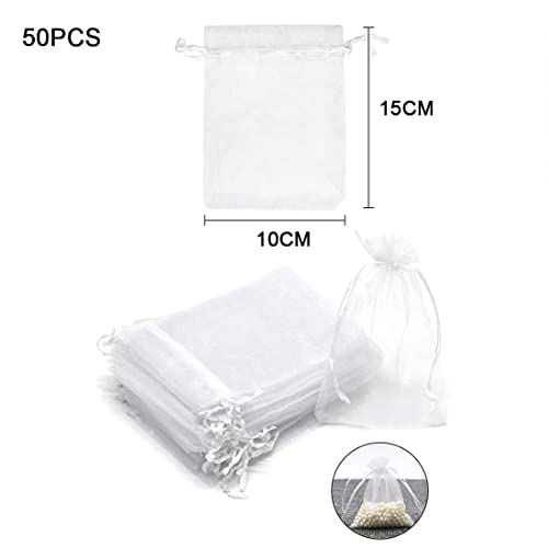 Teegxddy 50PCS bolsas de organza, regalo empaqueta Bolsas de organza bolsa de joyería, bolsitas de lavanda Ideal para regalos de la joyería dulces matrimonio-10x15cm (WHITE)