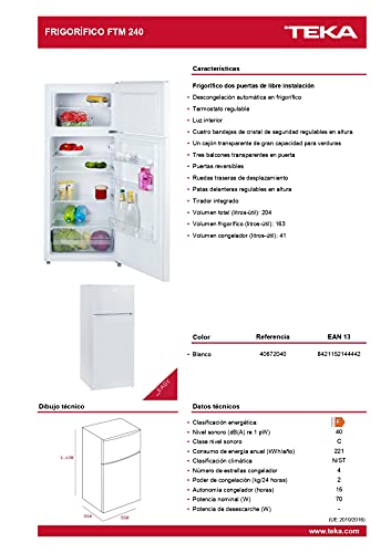 Teka | Frigorífico de Libre Instalación Defrost | Modelo FTM 240 | 2 Puertas y Cajón FreshBox | Eficiencia Energética A+ | Color Blanco | 143 x 55 x 55 cm