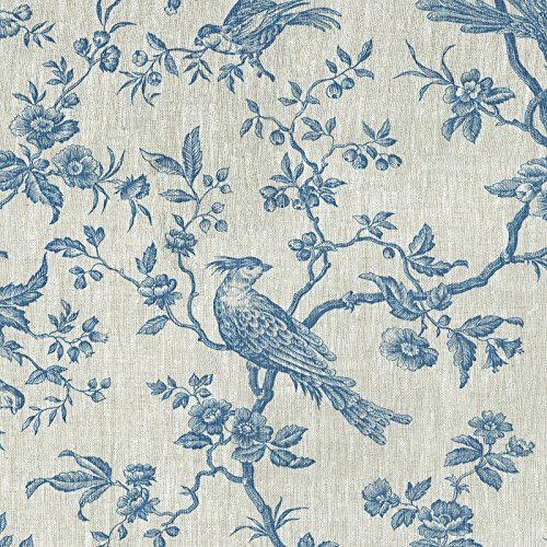 Tela de Lino Estampada - Las Aves imponentes - Tela Aves - Azul Denim sobre un Fondo de Lino Natural - 100% Lino Suave | Ancho: 150 cm (por Metro Lineal)*