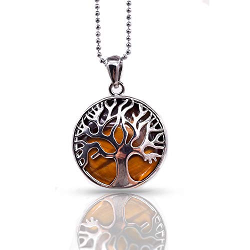 Thajaling Collar con Colgante de Piedra de Ojo de Tigre de árbol de la Vida de Plata con Gemas de curación de Chakra