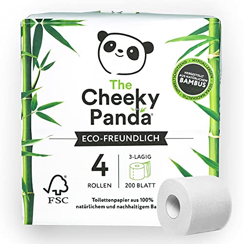 The Cheeky Panda Papel higiénico de bambú, 4 rollos, 3 capas, 200 hojas, hipoalergénico, sin plástico, respetuoso con el medio ambiente, muy suave, resistente a la rotura y sostenible.