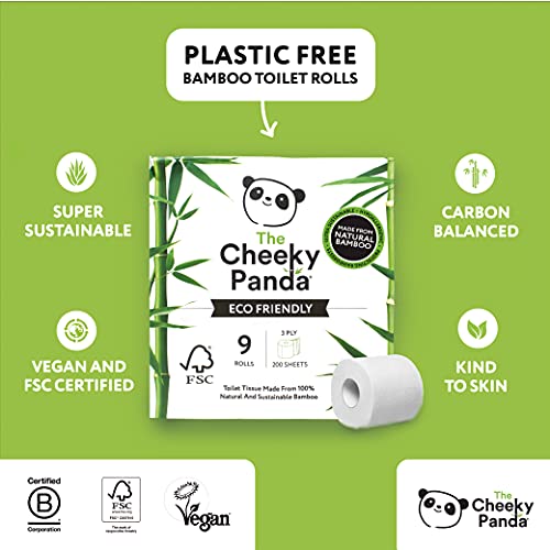 The Cheeky Panda - Papel higiénico de bambú | Paquete de 9 rollos (3 capas, 200 hojas) | Hipoalergénico, sin plástico, ecológico, súper suave, fuerte y sostenible