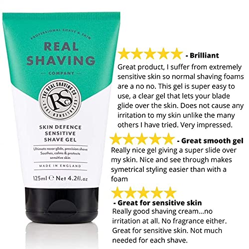 The Real Shaving Company Skin Defense Sensitive Shave Gel - Máximo deslizamiento de la navaja, afeitado de precisión, suaviza, calma y protege la piel sensible 1 x 125 ml