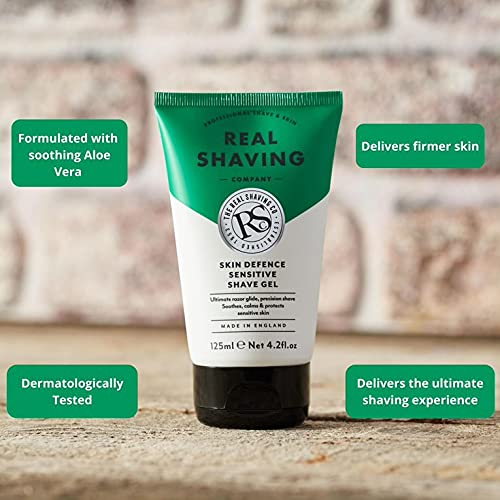 The Real Shaving Company Skin Defense Sensitive Shave Gel - Máximo deslizamiento de la navaja, afeitado de precisión, suaviza, calma y protege la piel sensible 1 x 125 ml