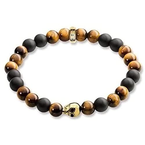 Thomas Sabo Pulsera para hombre Rebel at Heart "Calavera dorada" de plata chapada en oro con ojo de tigre A1509-881, Plata de ley, Tiger's Eye,