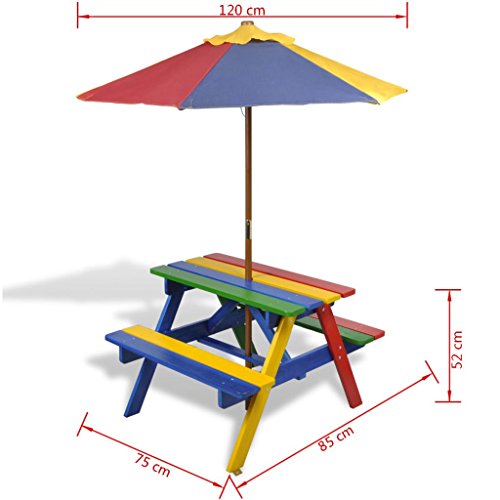 tidyard Conjunto de Mesa y Bancos para Niños con Sombrilla,Salgan de Picnic,Capacidad Máxima 60kg,Madera de Abeto,Rojo Amarillo Azul Verde