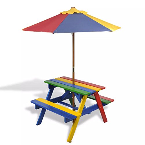 tidyard Conjunto de Mesa y Bancos para Niños con Sombrilla,Salgan de Picnic,Capacidad Máxima 60kg,Madera de Abeto,Rojo Amarillo Azul Verde