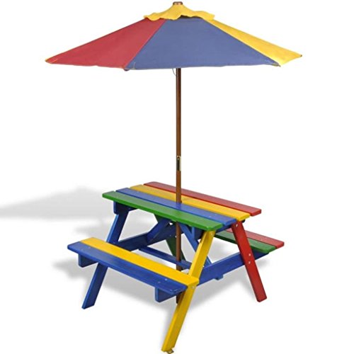 tidyard Conjunto de Mesa y Bancos para Niños con Sombrilla,Salgan de Picnic,Capacidad Máxima 60kg,Madera de Abeto,Rojo Amarillo Azul Verde