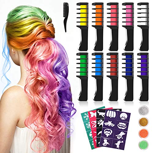 Tizas Para el Pelo, Kastiny 10 Colors no Tóxico Temporales de Cabello Tinte, con 32 plantillas de tatuajes &4 brillos Peines de Tiza de Colores para el Pelo, Fiesta, Navidad y Performance