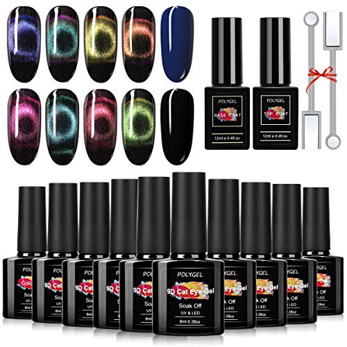 TopDirect 8Pcs 9D Cat Eye Esmalte de de Uñas Gel de Ojos de Gato, 8ml Kit de Gel Magnético Soak-off UV LED Esmalte de de Uñas con Base & Top Coat, 2 x Imán de Doble Punto y Capa Negra & Azul