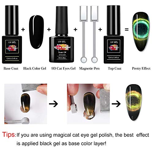 TopDirect 8Pcs 9D Cat Eye Esmalte de de Uñas Gel de Ojos de Gato, 8ml Kit de Gel Magnético Soak-off UV LED Esmalte de de Uñas con Base & Top Coat, 2 x Imán de Doble Punto y Capa Negra & Azul