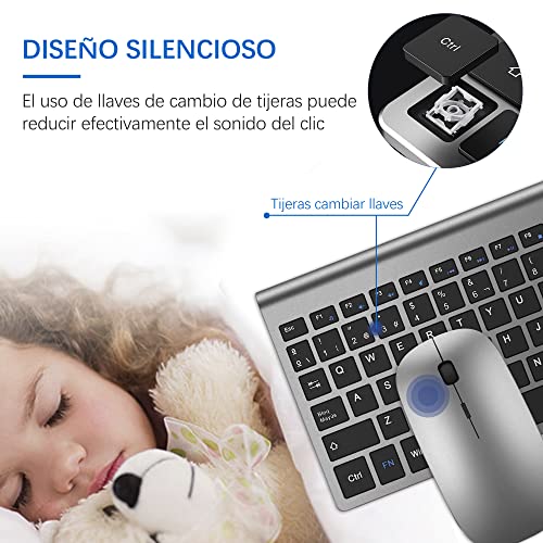 TopMate Pack Teclado y Mouse Inalámbricos Ultra Delgado, 2.4G USB Compacto Silencioso Kit Ratón y Teclado Español con Cubierta, Baterías 2AA y 2 AAA, para PC/Portatil/Windows/Mac - Gris Negro