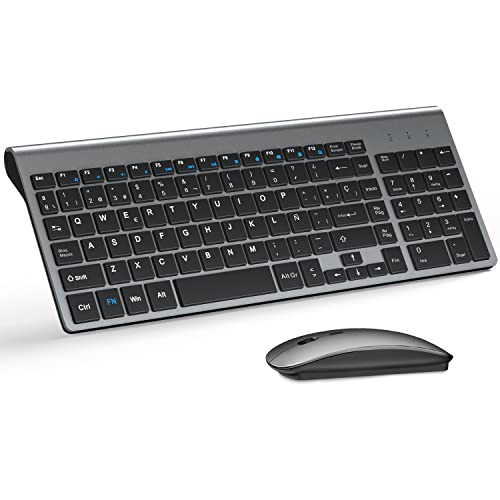 TopMate Pack Teclado y Mouse Inalámbricos Ultra Delgado, 2.4G USB Compacto Silencioso Kit Ratón y Teclado Español con Cubierta, Baterías 2AA y 2 AAA, para PC/Portatil/Windows/Mac - Gris Negro