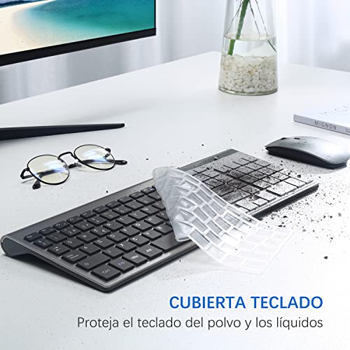 TopMate Pack Teclado y Mouse Inalámbricos Ultra Delgado, 2.4G USB Compacto Silencioso Kit Ratón y Teclado Español con Cubierta, Baterías 2AA y 2 AAA, para PC/Portatil/Windows/Mac - Gris Negro