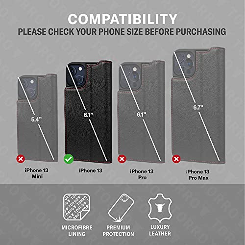 TORRO Funda Compatible con iPhone 13 - Cubierta de Cuero Genuino de Calidad con Ranuras para Tarjetas y Soporte para Visualización Horizontal (Negro)