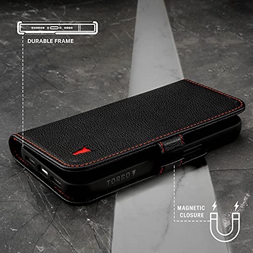 TORRO Funda Compatible con iPhone 13 - Cubierta de Cuero Genuino de Calidad con Ranuras para Tarjetas y Soporte para Visualización Horizontal (Negro)