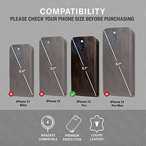 TORRO Funda Flip MagSafe Compatible para iPhone 13 Pro – Cuero Genuino de Calidad con Ranuras para Tarjetas y Abertura Abatible en Vertical (Marrón Oscuro)