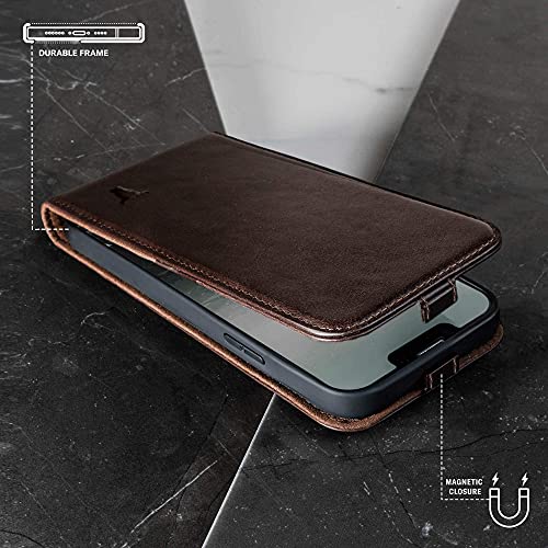 TORRO Funda Flip MagSafe Compatible para iPhone 13 Pro – Cuero Genuino de Calidad con Ranuras para Tarjetas y Abertura Abatible en Vertical (Marrón Oscuro)