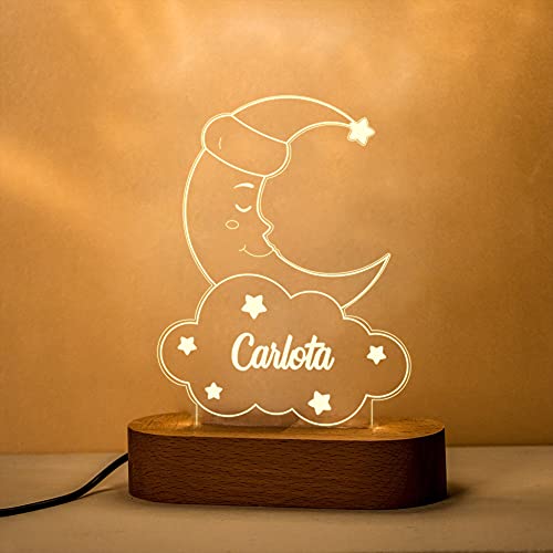 Transparent Gift Lámpara de Mesa 3D Led Infantil Diseño de Luna Personalizada - Lámpara de Metacrilato con Luz Nocturna Ajustable - El Regalo Original para niños, baby shower, bautizo y cumpleaños