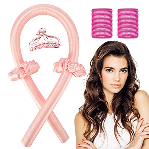 TSHAOUN Conjunto de Rizador sin Calentar, Rizador de Ondas Pelo sin Calor Diadema con Varilla Venda Horquilla Herramientas de Peinado para Cabello Largo y Largo Medio, No Daña el Cabello (Rosa)