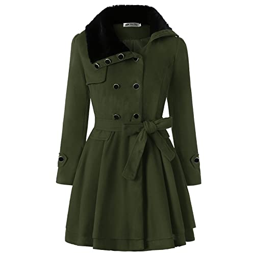 TUDUZ Abrigo de Lana de Doble Botonadura de Invierno para Mujer, Color Sólido Abrigo de Invierno Gabardina Cuello de Piel sintética Cintura con Cordones Gabardina, Tallas Grandes(Ba,XXL)