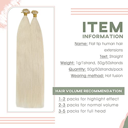 Ugeat Extensiones Queratina Pelo Natural 24Pulgada Flat Tip Extensiones Rubia Platino #60 50g 1g/pieza Queratina Extensión Remy Cabello Natural