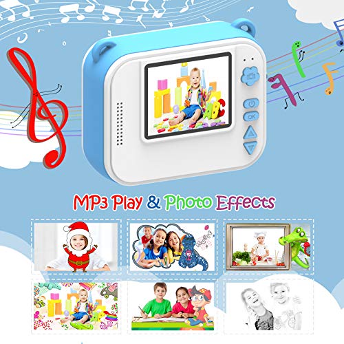 Uleway Cámara de Fotos para Niños Cámara Instantánea Infantil Regalo de Cumpleaños para 3-12 Años Videocámara Digital con Tarjeta SD de 32GB/ Papel de Impresión/Bolígrafo de Colores (Azul Dinosaurio)